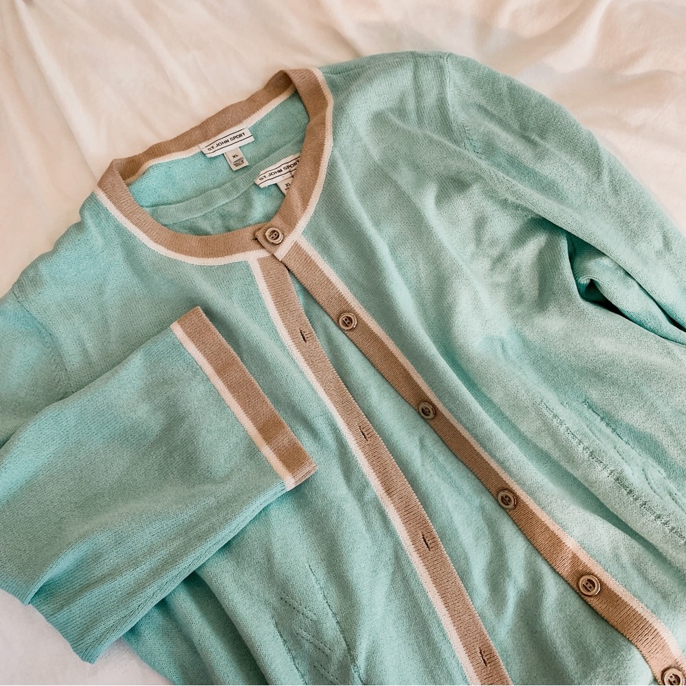 Classic Mint Crewneck Cardigan with Tan Trim - Talbots